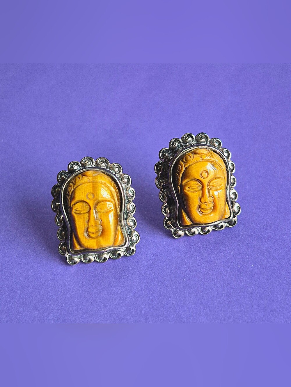 RareDesigner*Amy Kahn Russell Carved Tiger-eye 925 Sterling Silver Stud Earrings